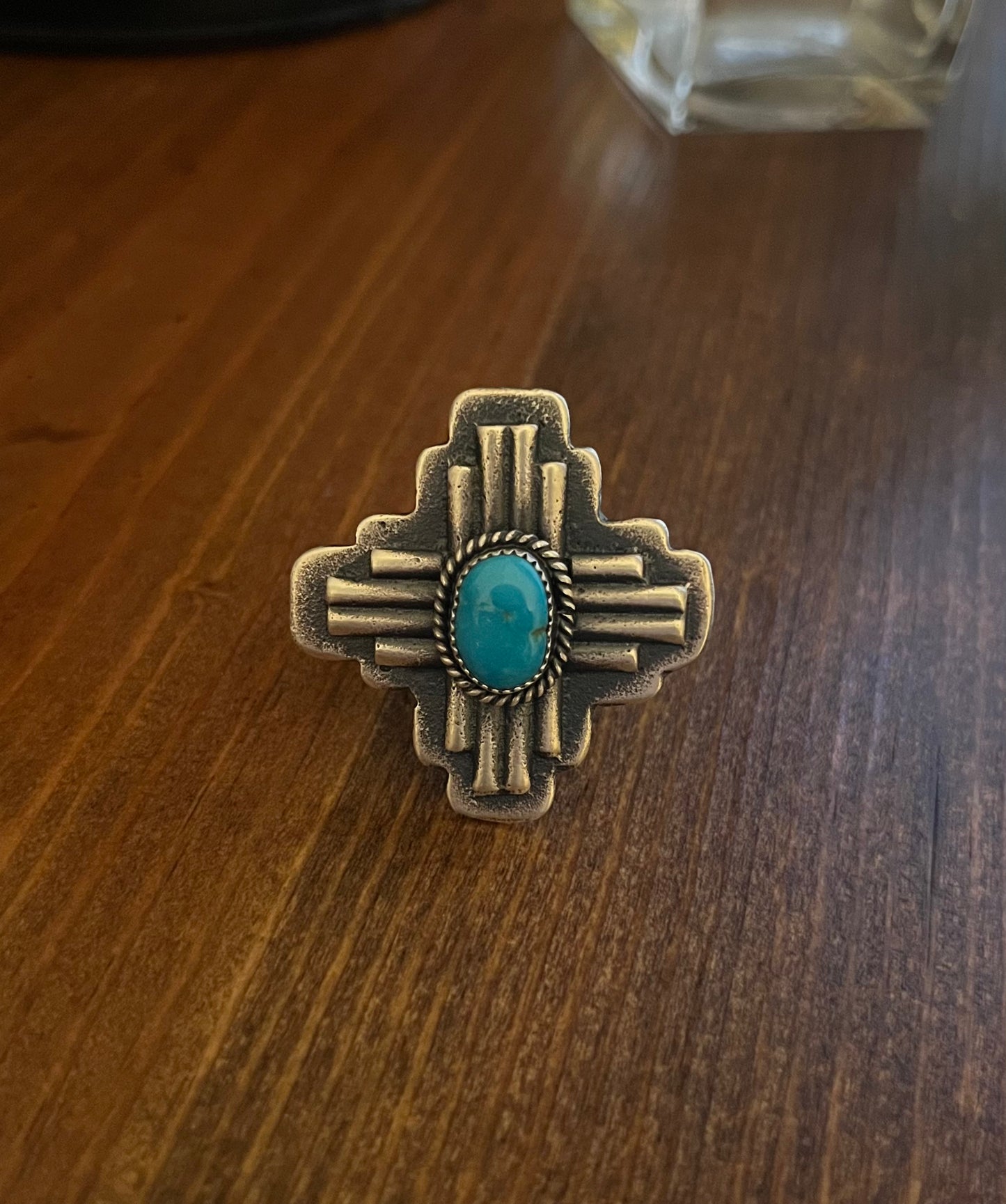 Adjustable Cross Ring with Turquoise Stamped KB Sterling