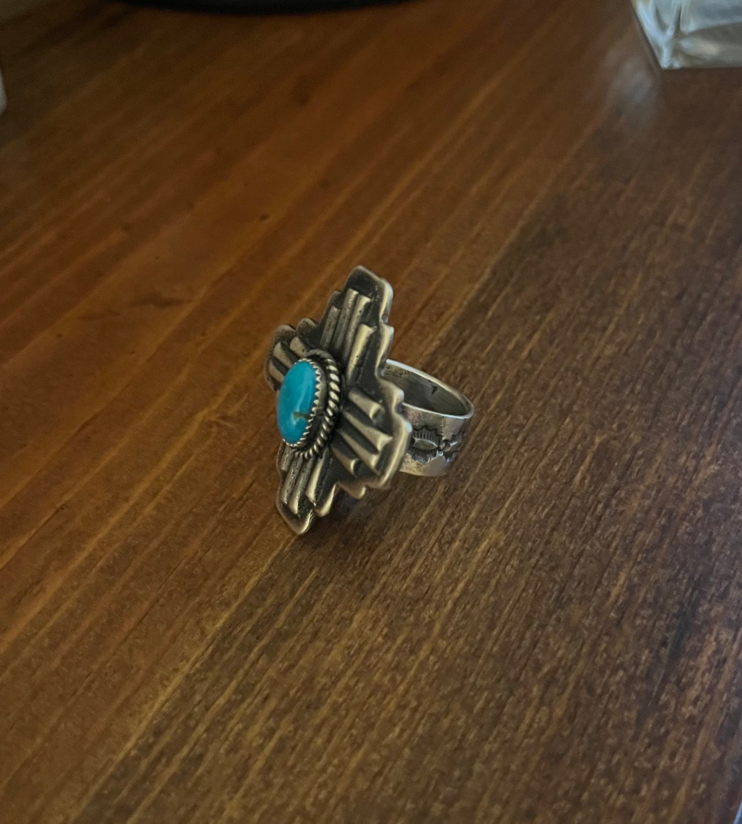 Adjustable Cross Ring with Turquoise Stamped KB Sterling