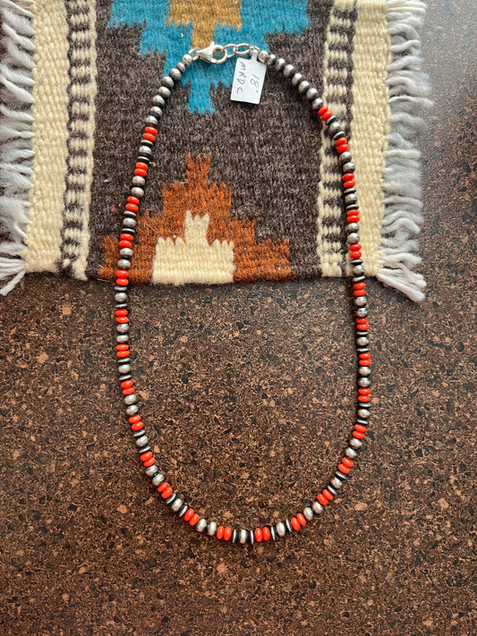 Navajo Pearl Necklace with Red Spiny Oyster Accent